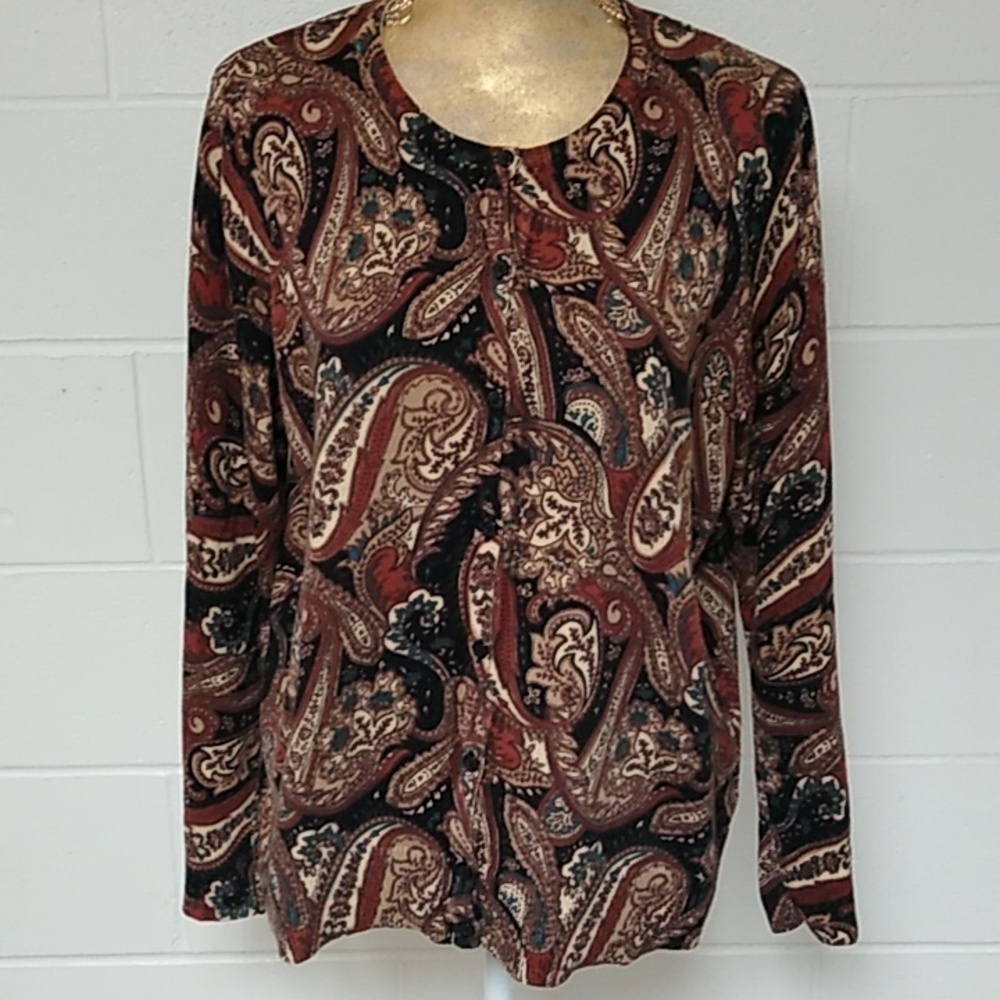 CROFT & BARROW 100% COTTON, PAISLEY, BUTTON UP, FINE GAUGE KNIT CARDIGAN